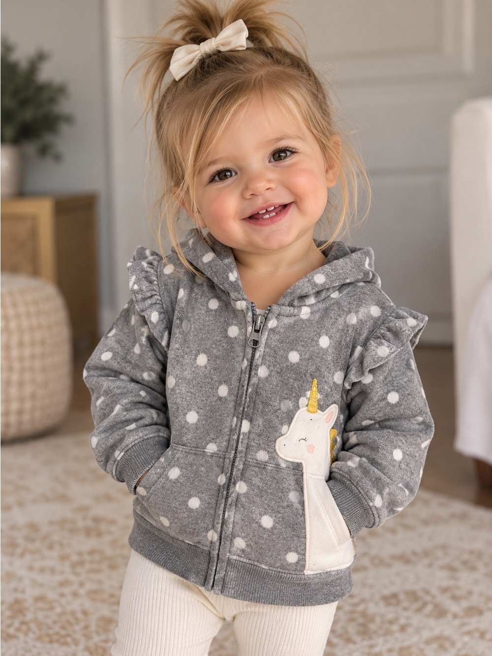 Carters| Toddler Girls Gray Polka Dot Unicorn Zip Up Hoodie